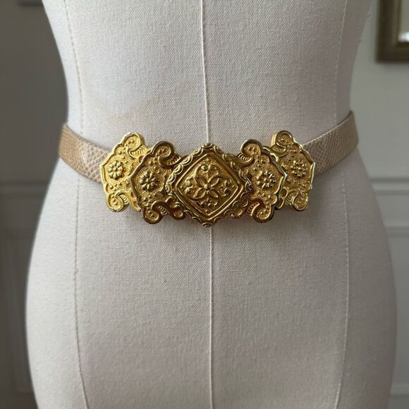 Alexis Kirk Accessories - Alexis Kirk Beige Genuine Reptile Gold Hook Buckle Adjustable Slide Belt OSFM